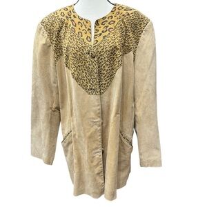 Vintage Jon Lawrence Genuine Leather Suede Khaki and Animal Print Coat, Sz L